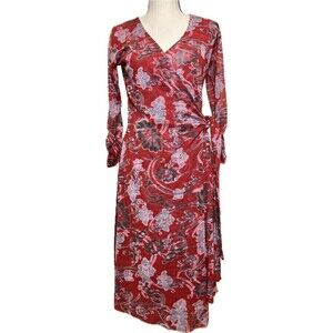 Kokoon Women’s Ruched Sleeve Raw Edge‎ Floral Red Stretchy V-neck Wrap Dress S